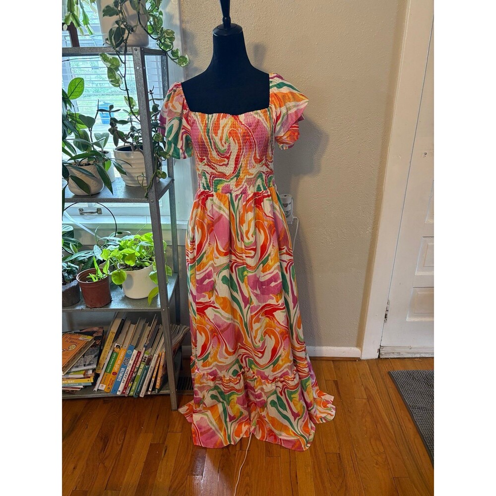 Peach Love California Pink Abstract Ruffle Sleeve Smocked Bust Maxi Dress Size L